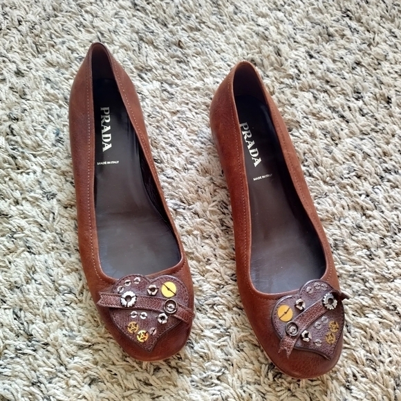 PRADA brown Leather Cactus Ballet heart applique Shoe sz 37/6,5 - Picture 1 of 8